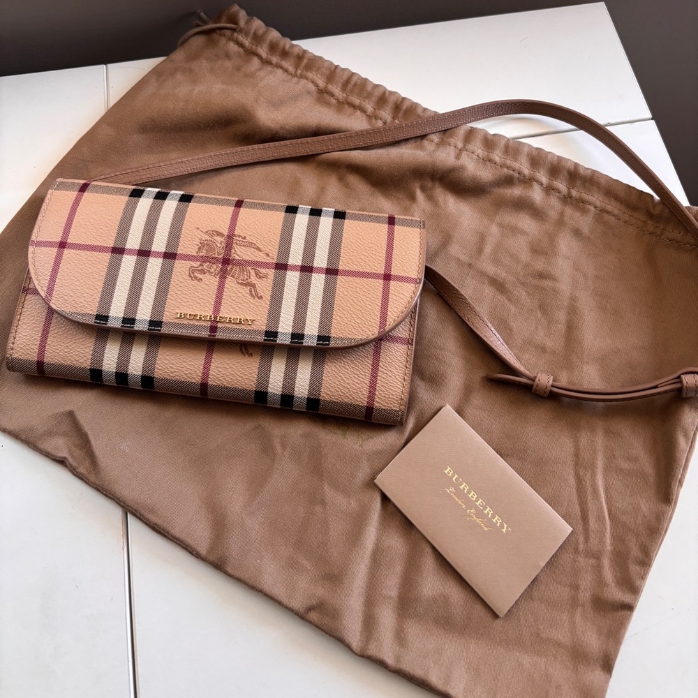 Burberry Beige Vintage Check Crossbody Wallet with Tan Strap